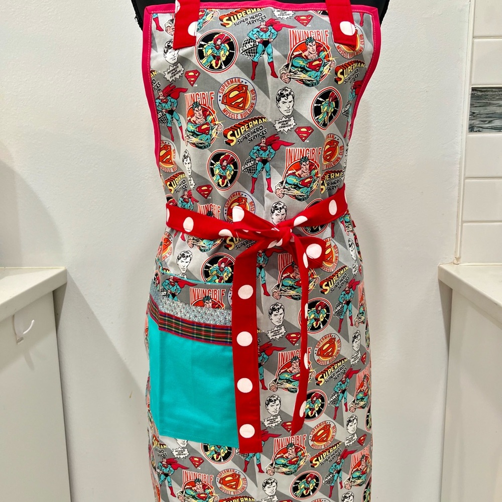 Superman Themed Apron with Red and White  Accents. Handmade